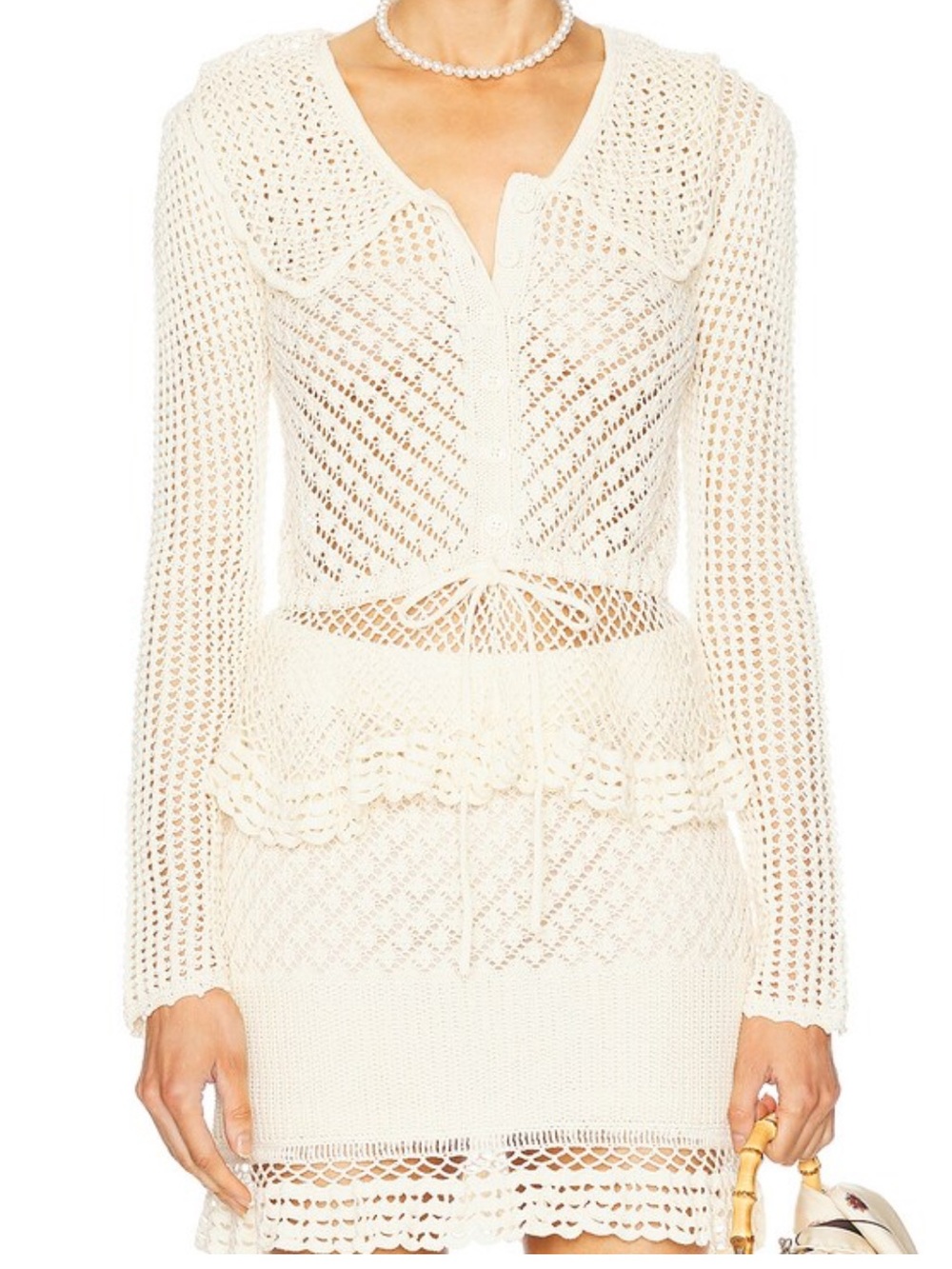 STAUD Cream Crochet Knit Two-Piece Top & Skirt Set